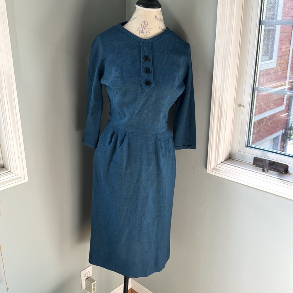 Dan Keller vintage wool blue plaid wiggle 1960’s dress EVC size‎ small